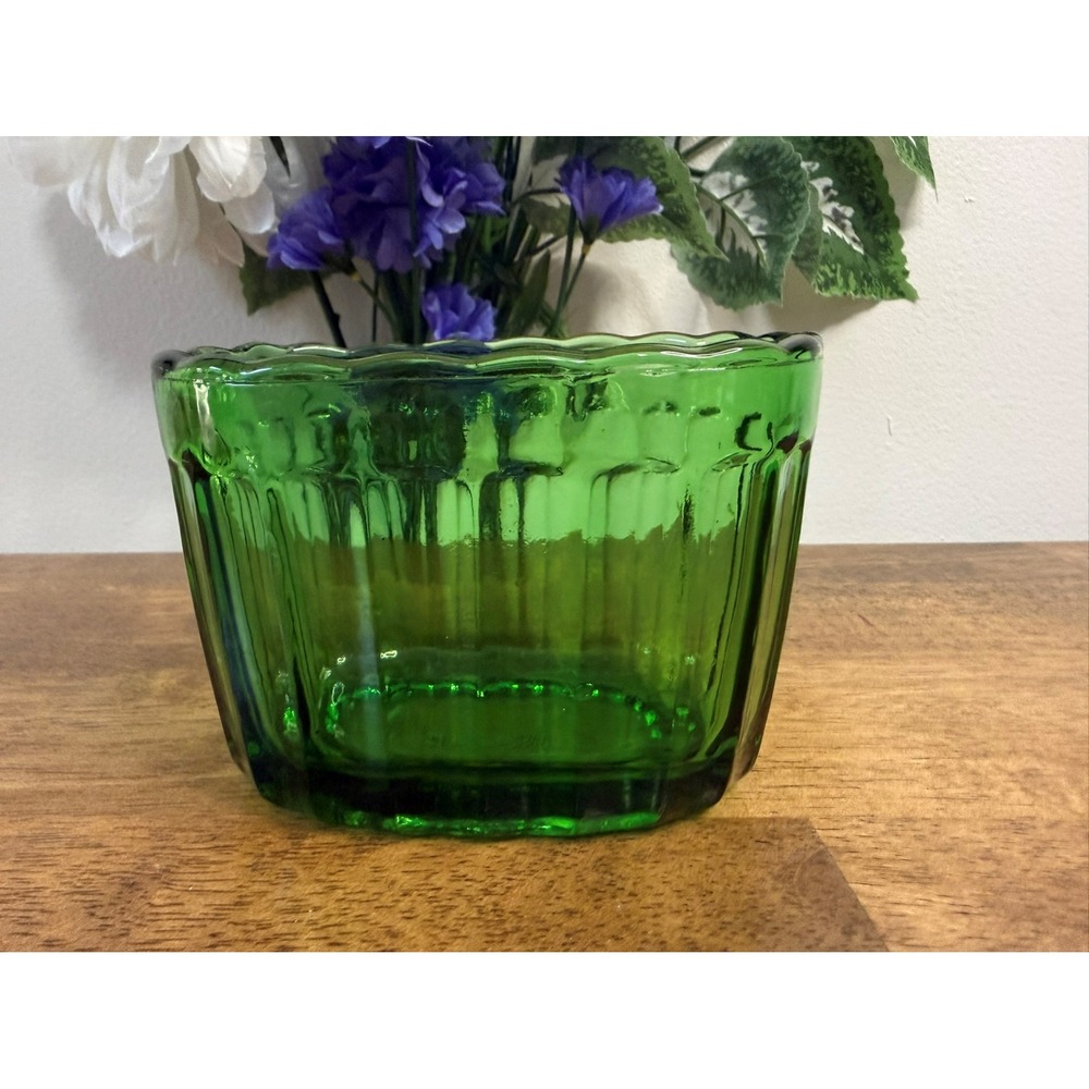 Vintage Emerald Green VaseMate Planter Oval Ribbed Glass‎ Flower Bowl USA Unique